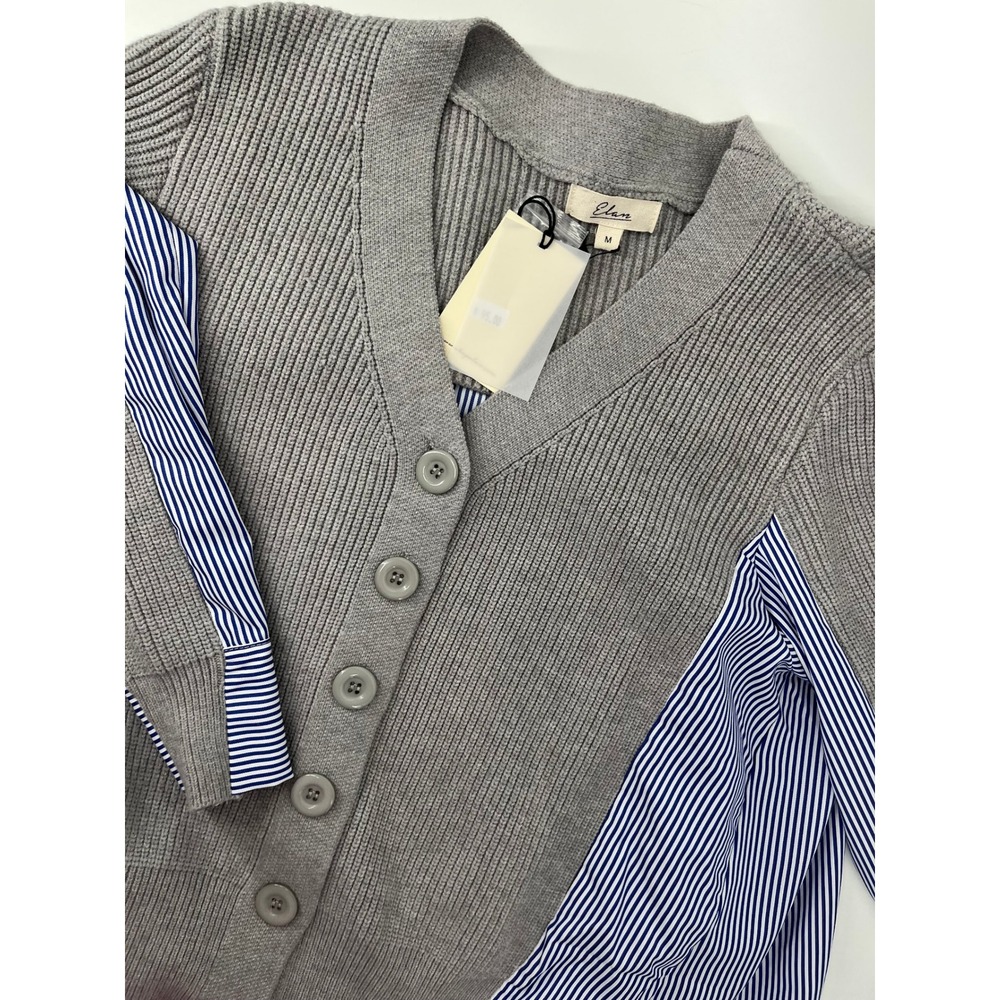 Elan Womens Mixed Media Striped Shirt Cardigan Sweater Grey Blue White M NEW